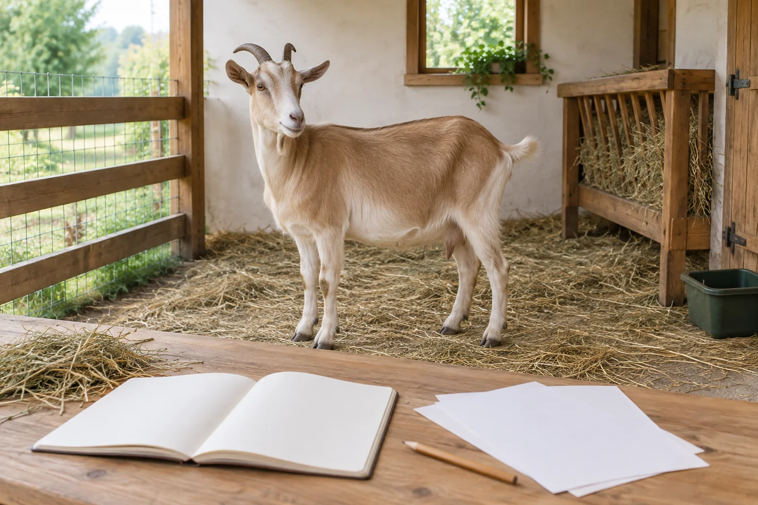 Een lichtbruine geit staat in een stal achter een houten tafel met een leeg notitieboek, losse vellen papier en een potlood.
