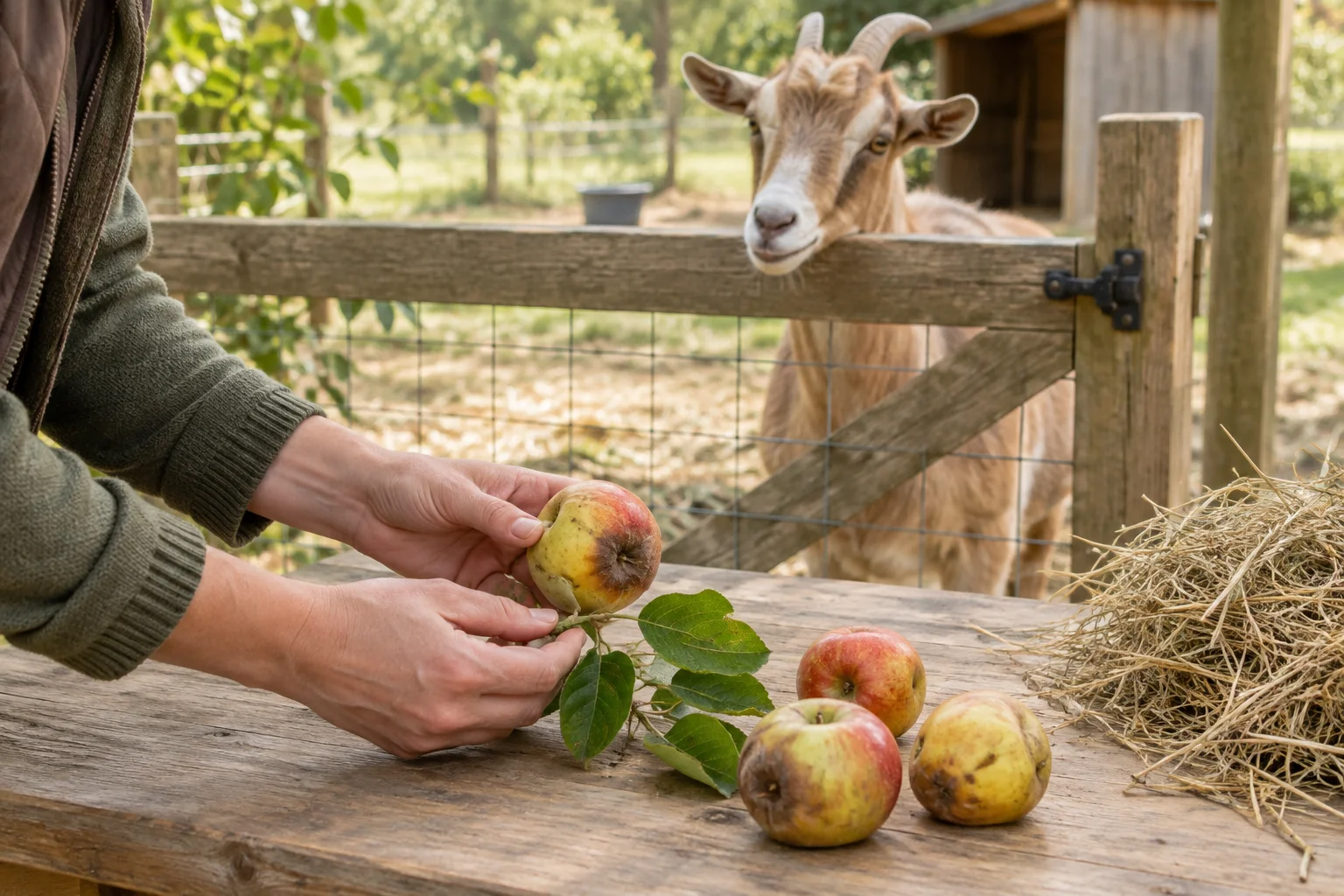 Handen bekijken een appel en bladeren op een houten tafel met andere appels en hooi. Achter een hek staat een geit.