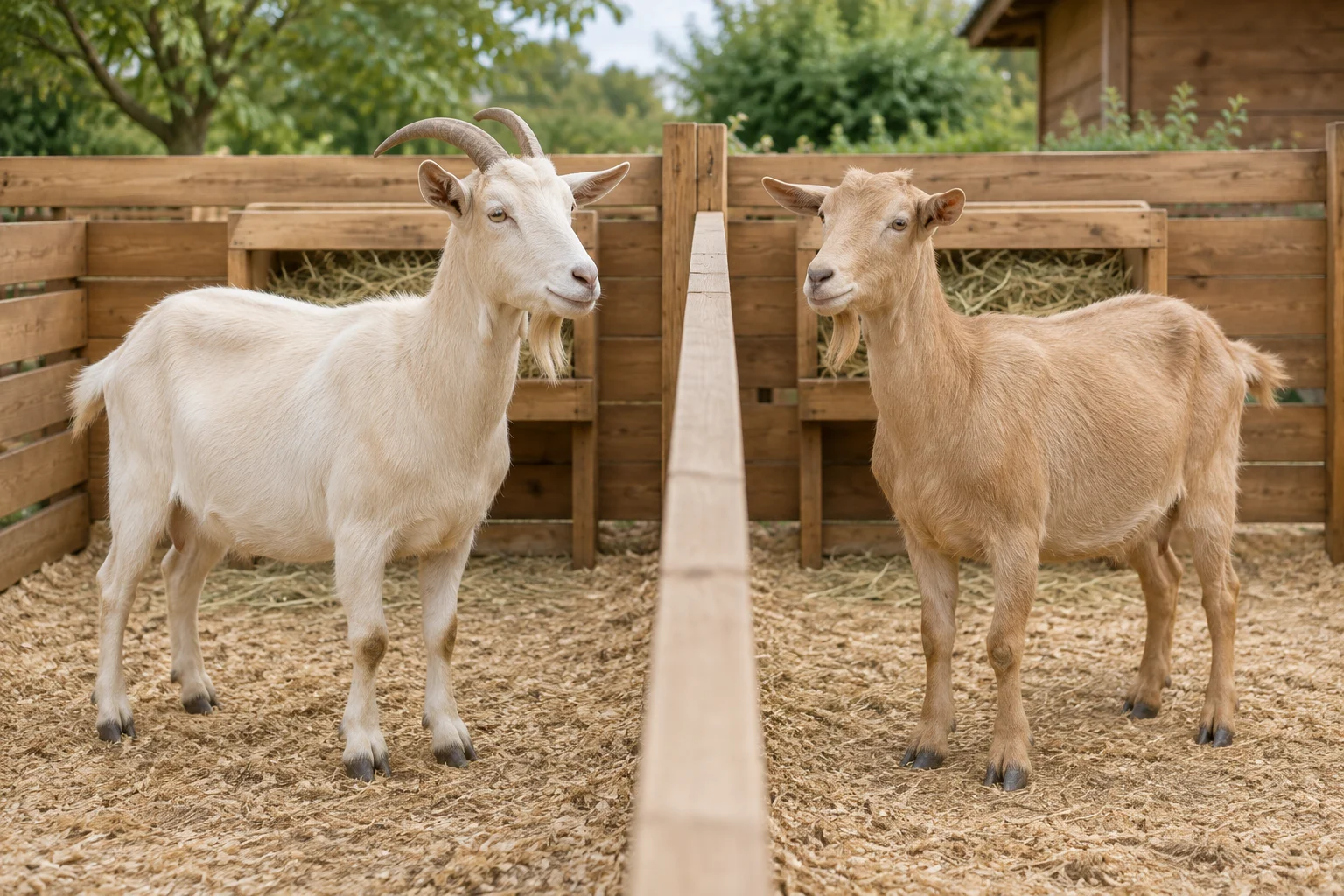 Een witte geit met hoorns en een lichtbruine geit zonder zichtbare hoorns staan aan weerszijden van een houten afscheiding, elk bij een eigen hooiruif.