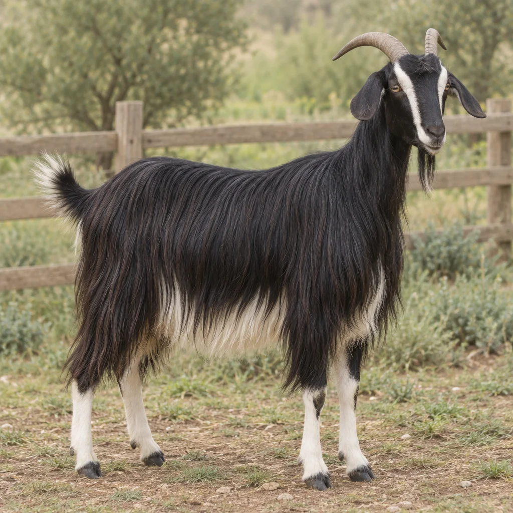 Illustratie van een langharige zwarte Nicastrese geit met witte buik, witte poten en witte strepen op de kop, bij een houten omheining.