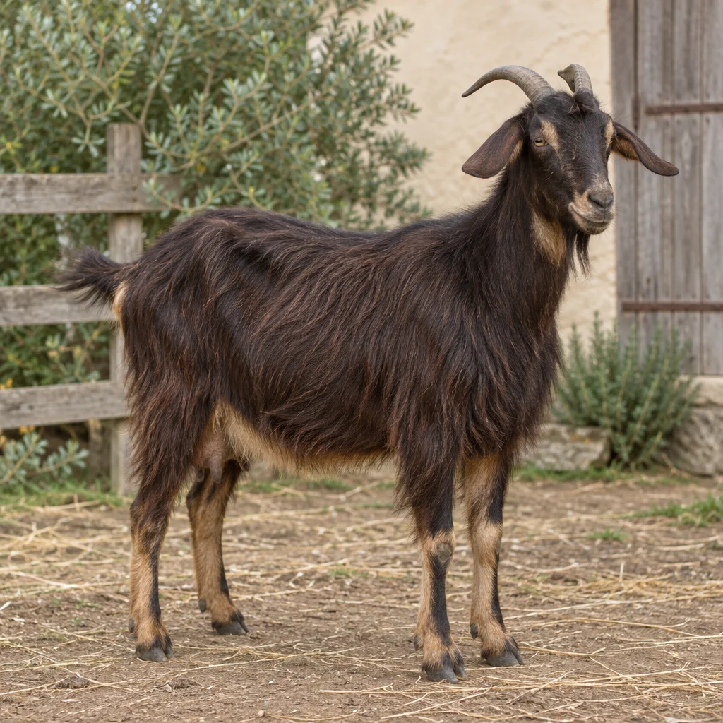 Donkerbruine langharige geit met hangende oren, een baard en twee hoorns, volledig zichtbaar op een erf met een houten hek.