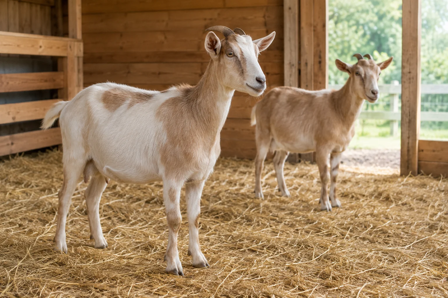 Twee geiten staan op stro in een houten stal.