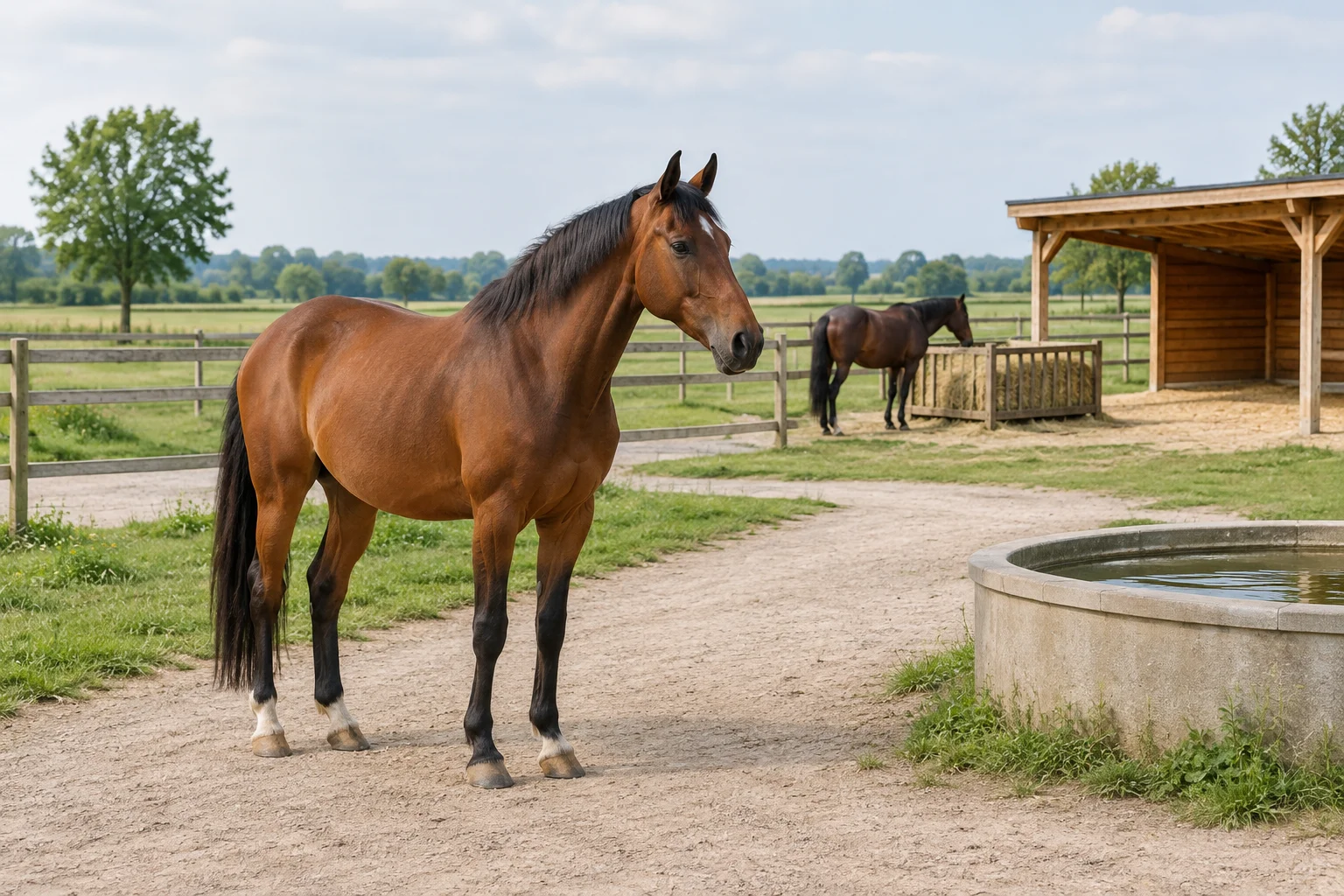 Bruin paard op een pad naast een waterbak, met een tweede paard bij hooi en een open houten schuilplaats op de achtergrond.