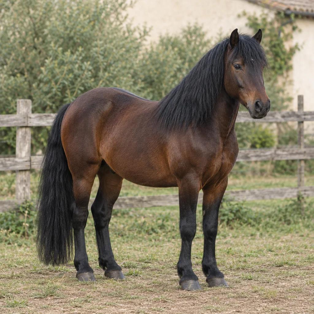 Donkerbruin paard met zwarte manen en staart staat met alle vier de hoeven zichtbaar voor een houten hek.