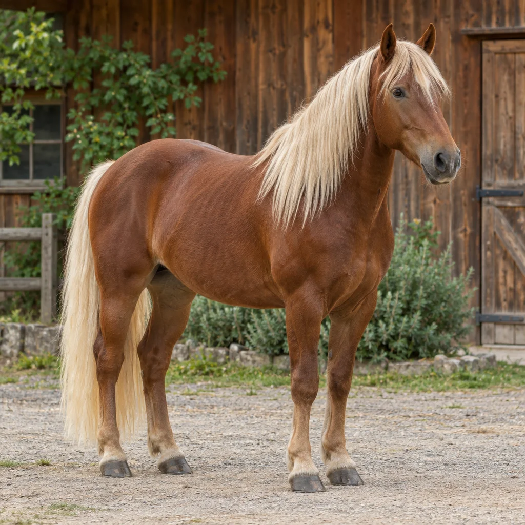 Vosbruin paard met lichte manen en staart staat met vier zichtbare hoeven voor een houten stal.