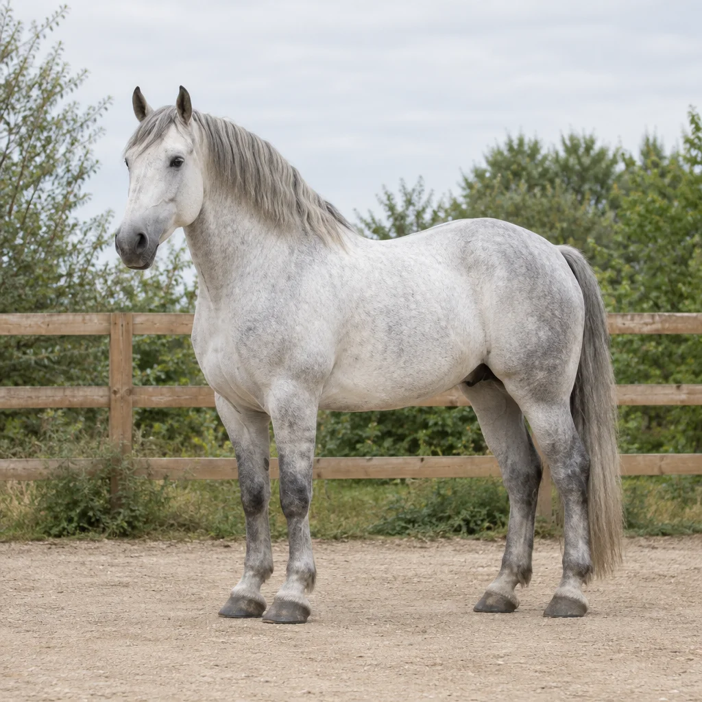 Groot lichtgrijs paard staat met alle vier de hoeven zichtbaar op een zandbodem voor een houten omheining.