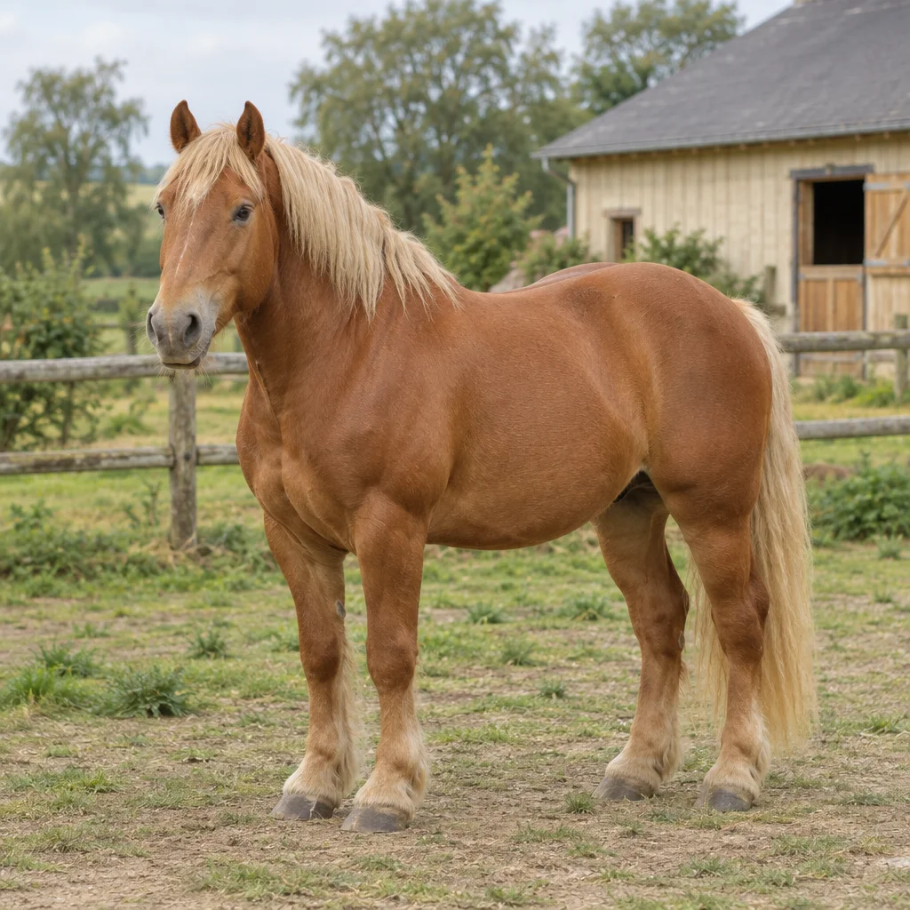Bruin trekpaard met lichte manen en staart staat in een omheinde weide bij een houten stal.