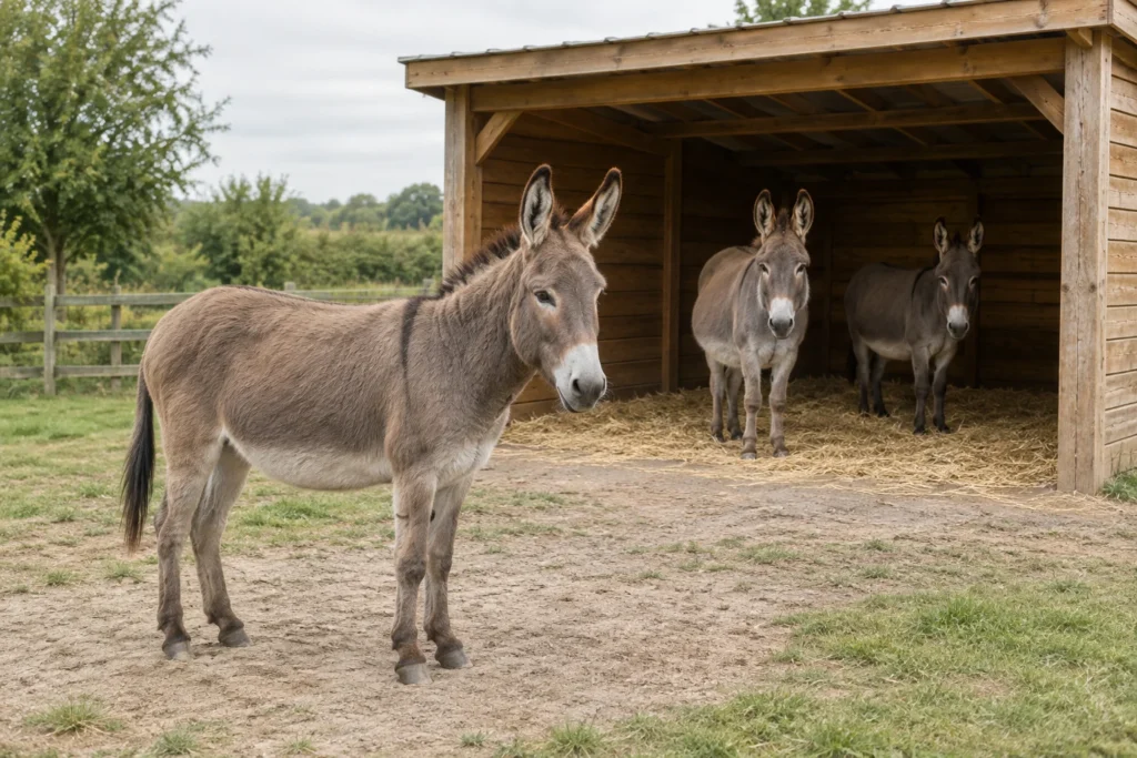 Drie ezels bij een open houten schuilstal; één staat ervoor en twee staan binnen op stro.
