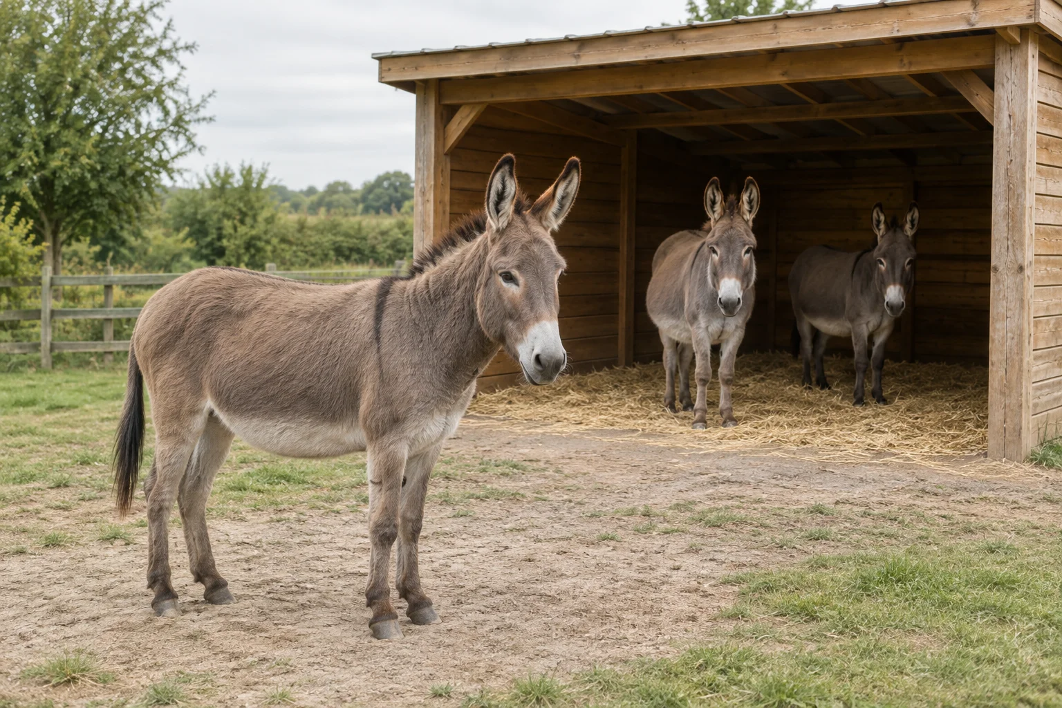 Drie ezels bij een open houten schuilstal; één staat ervoor en twee staan binnen op stro.
