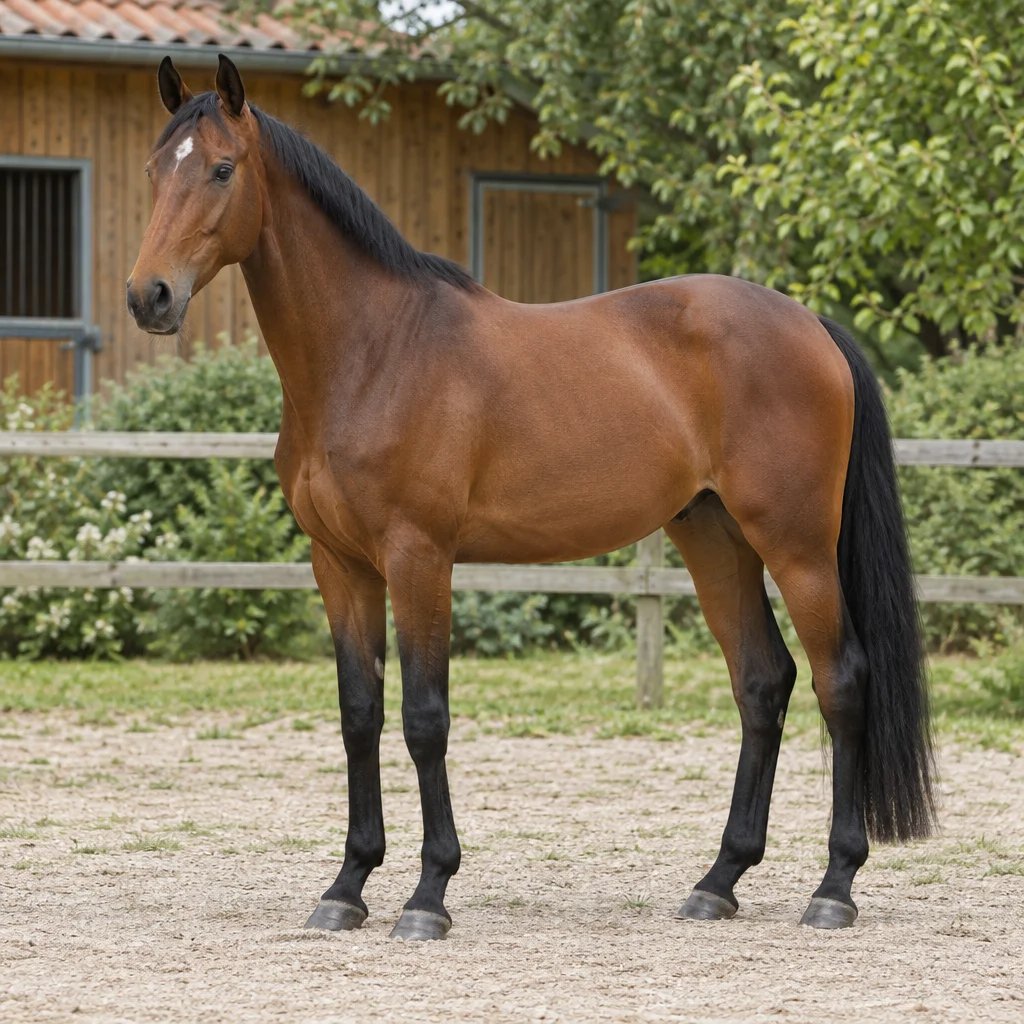 Bruin paard met zwarte manen, staart en onderbenen staat met alle vier de hoeven zichtbaar bij een houten stal en een omheining.