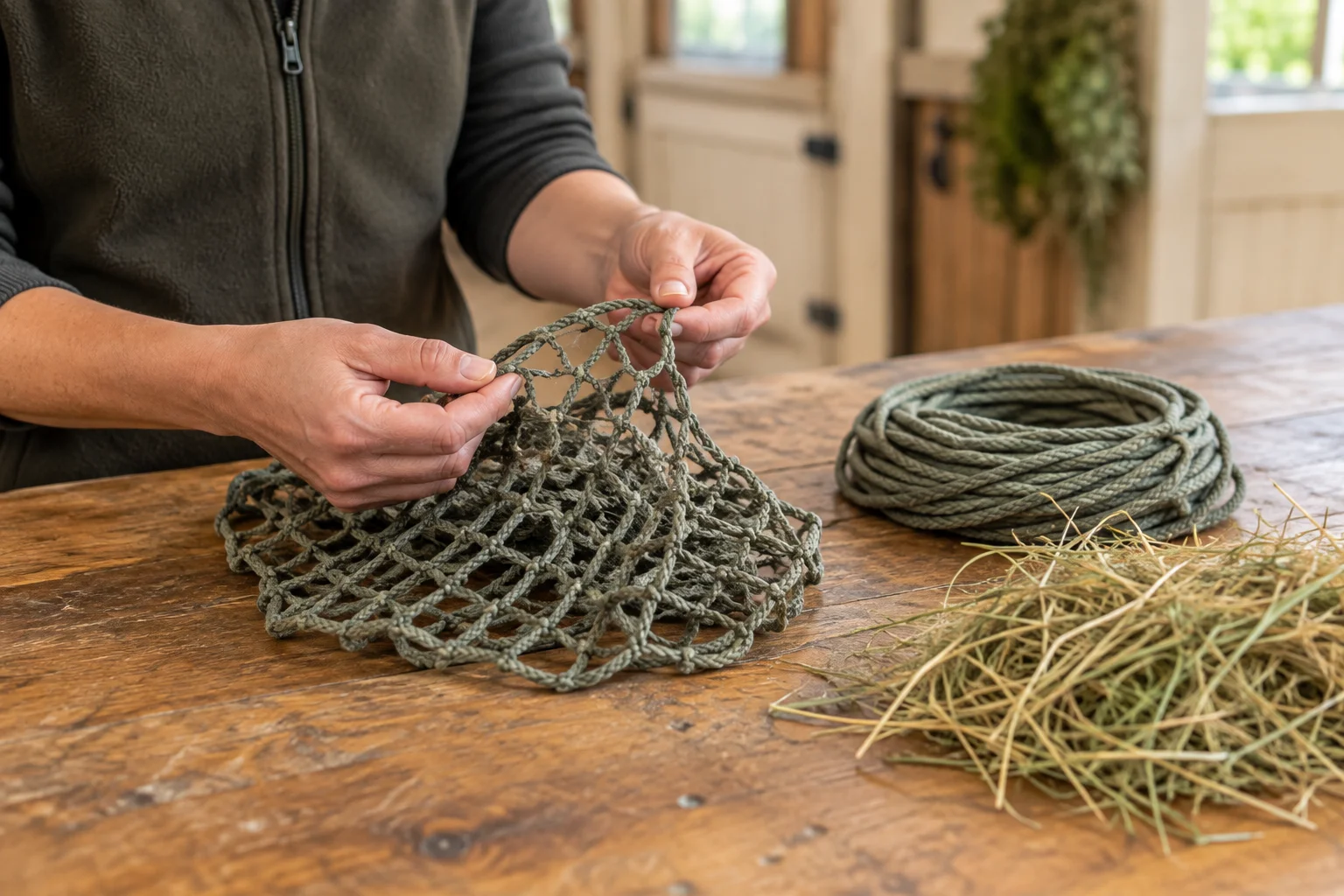 Handen houden een groen net boven een houten tafel met een rol koord en los hooi.