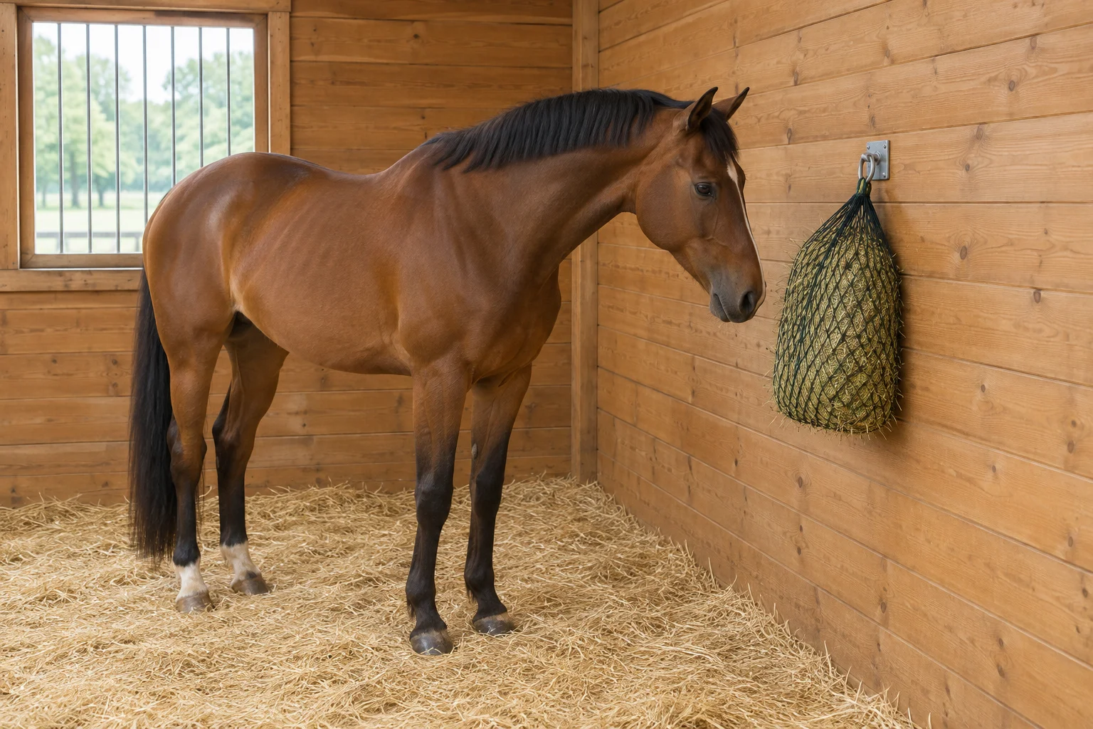 Bruin paard in een stal naast een aan de wand bevestigd hooinet met hooi.