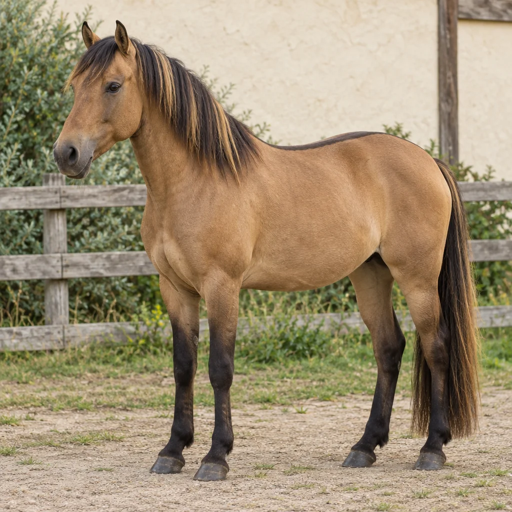 Illustratie van een zandbruin paard met donkere benen, zwart met goudkleurige manen en een donkere rugstreep bij een houten hek.