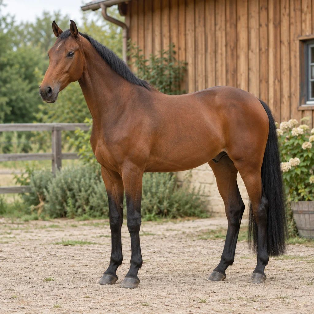 Bruin paard met zwarte manen, staart en onderbenen staat volledig in beeld bij een houten stal.
