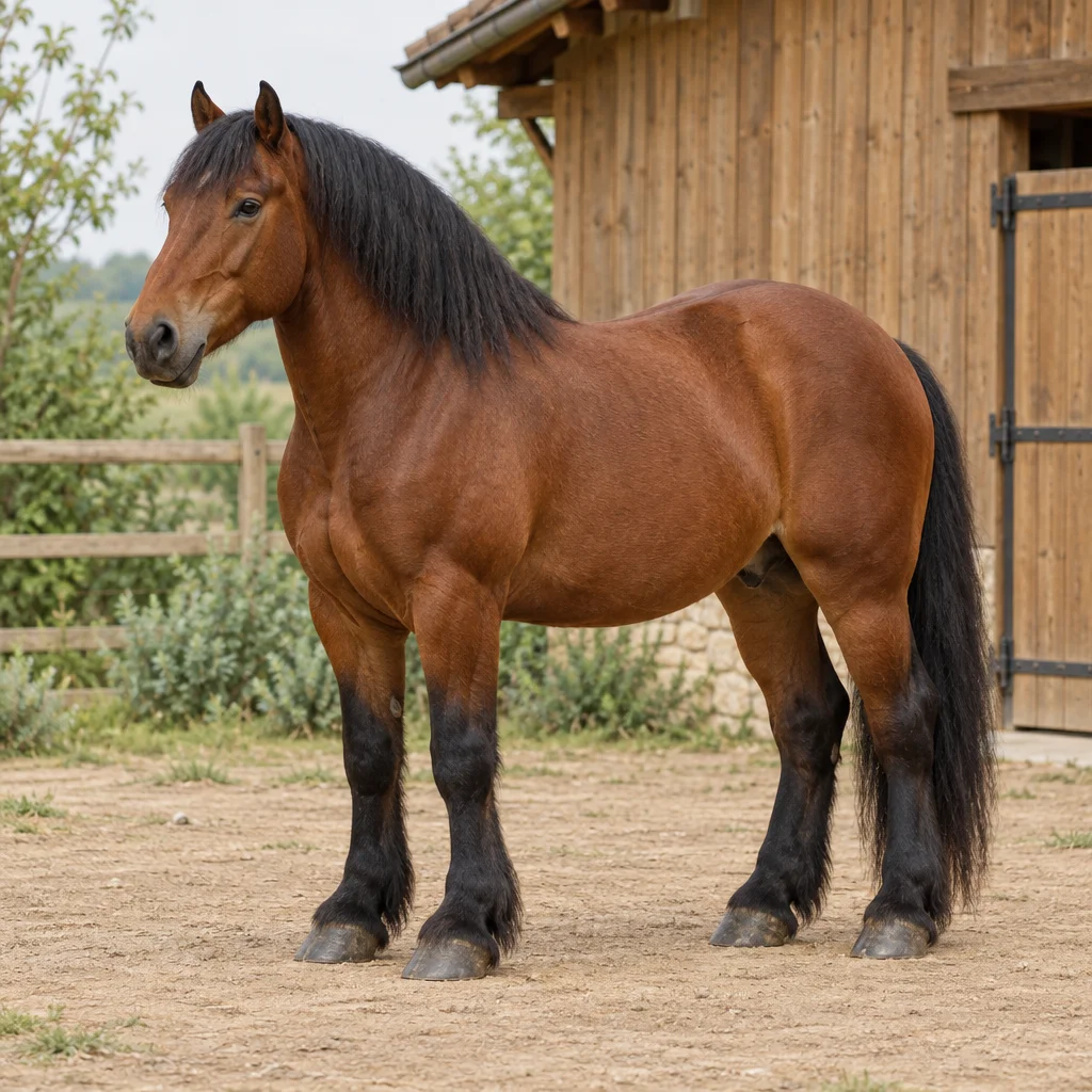 Bruin trekpaard met zwarte manen, staart en onderbenen staat volledig in beeld voor een houten stal.
