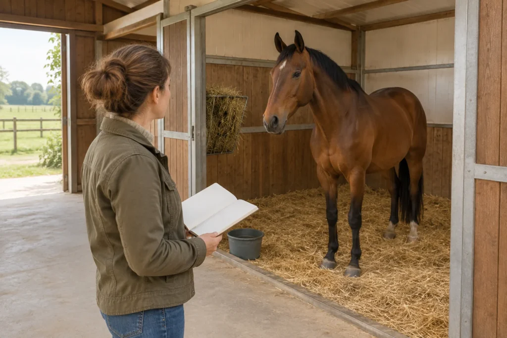 Een bezoeker met een leeg notitieboek kijkt naar een bruin paard in een stalbox met stro, hooi en een wateremmer.