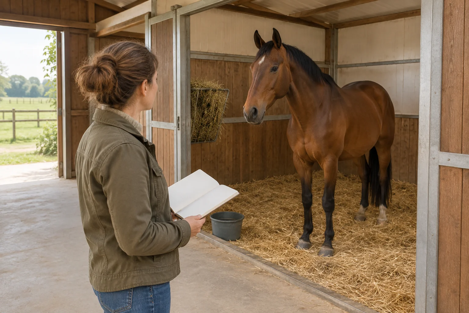 Een bezoeker met een leeg notitieboek kijkt naar een bruin paard in een stalbox met stro, hooi en een wateremmer.