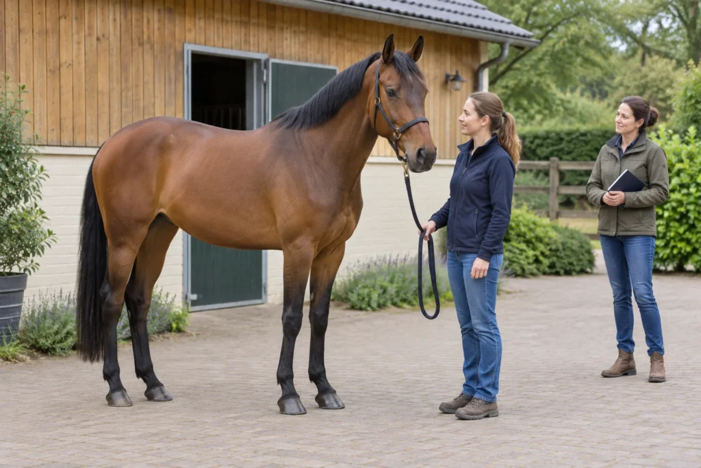 Een bruin paard staat bij een stal. Een vrouw houdt het halstertouw vast en een tweede vrouw draagt een map.
