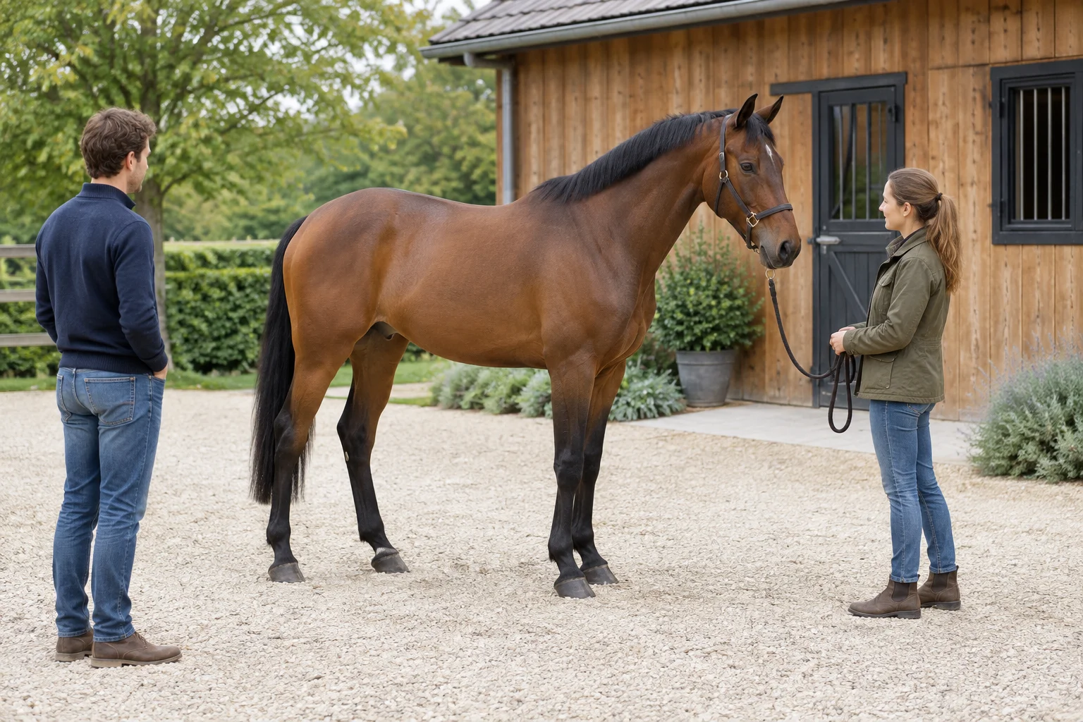 Bruin paard staat op een erf bij een houten stal, met een vrouw aan het halstertouw en een man die op afstand kijkt.