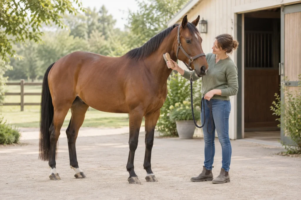 Een verzorger borstelt de hals van een bruin paard op een erf bij een open stal.