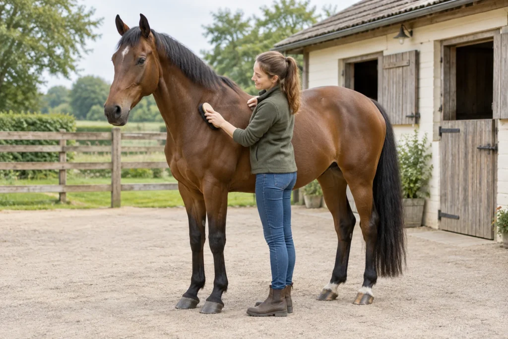Een vrouw borstelt een bruin paard op een erf naast een stal.