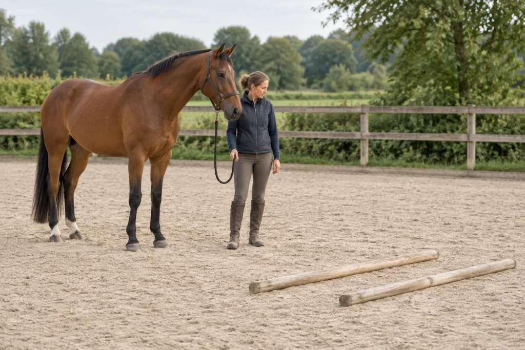 Een begeleider staat met een bruin paard naast twee houten grondbalken in een rijbaan.
