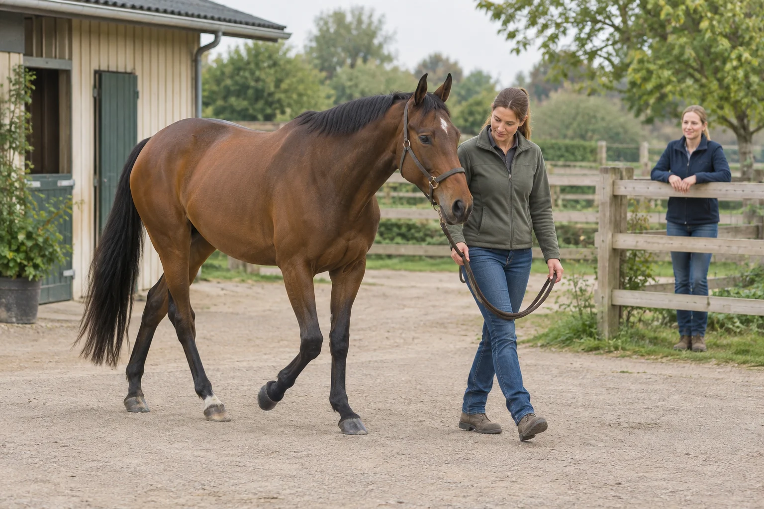 Een bruin paard loopt aan een halster naast een begeleider over een erf, terwijl iemand bij een houten hek toekijkt.