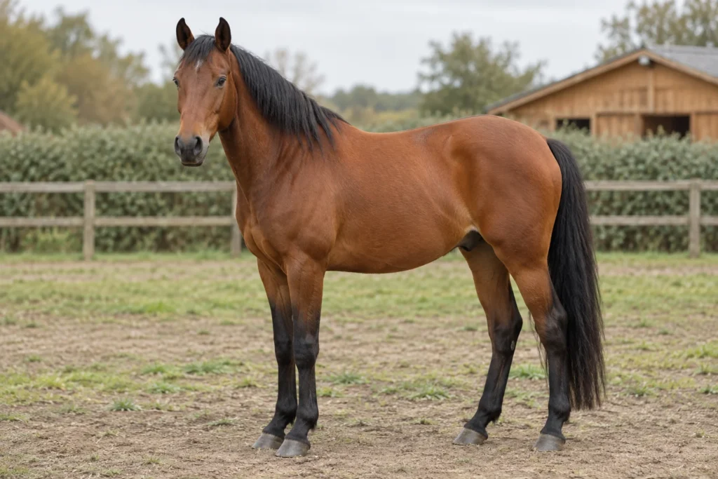 Bruin paard met zwarte manen, zwarte staart en donkere onderbenen staat met alle vier de hoeven zichtbaar in een paddock.