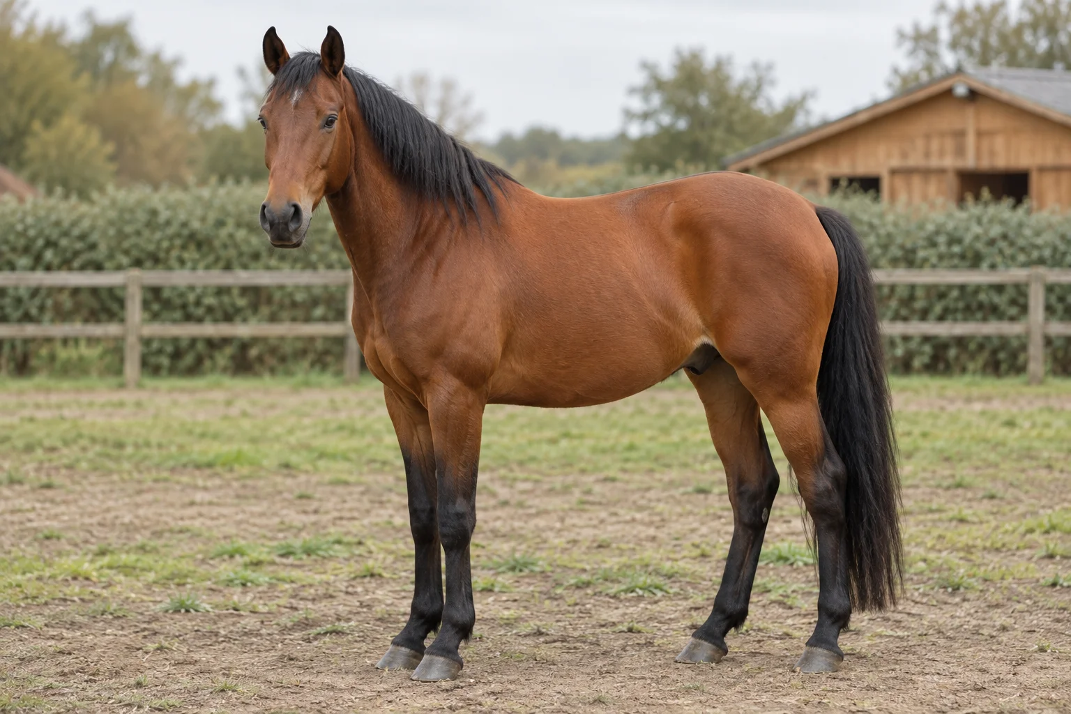 Bruin paard met zwarte manen, zwarte staart en donkere onderbenen staat met alle vier de hoeven zichtbaar in een paddock.