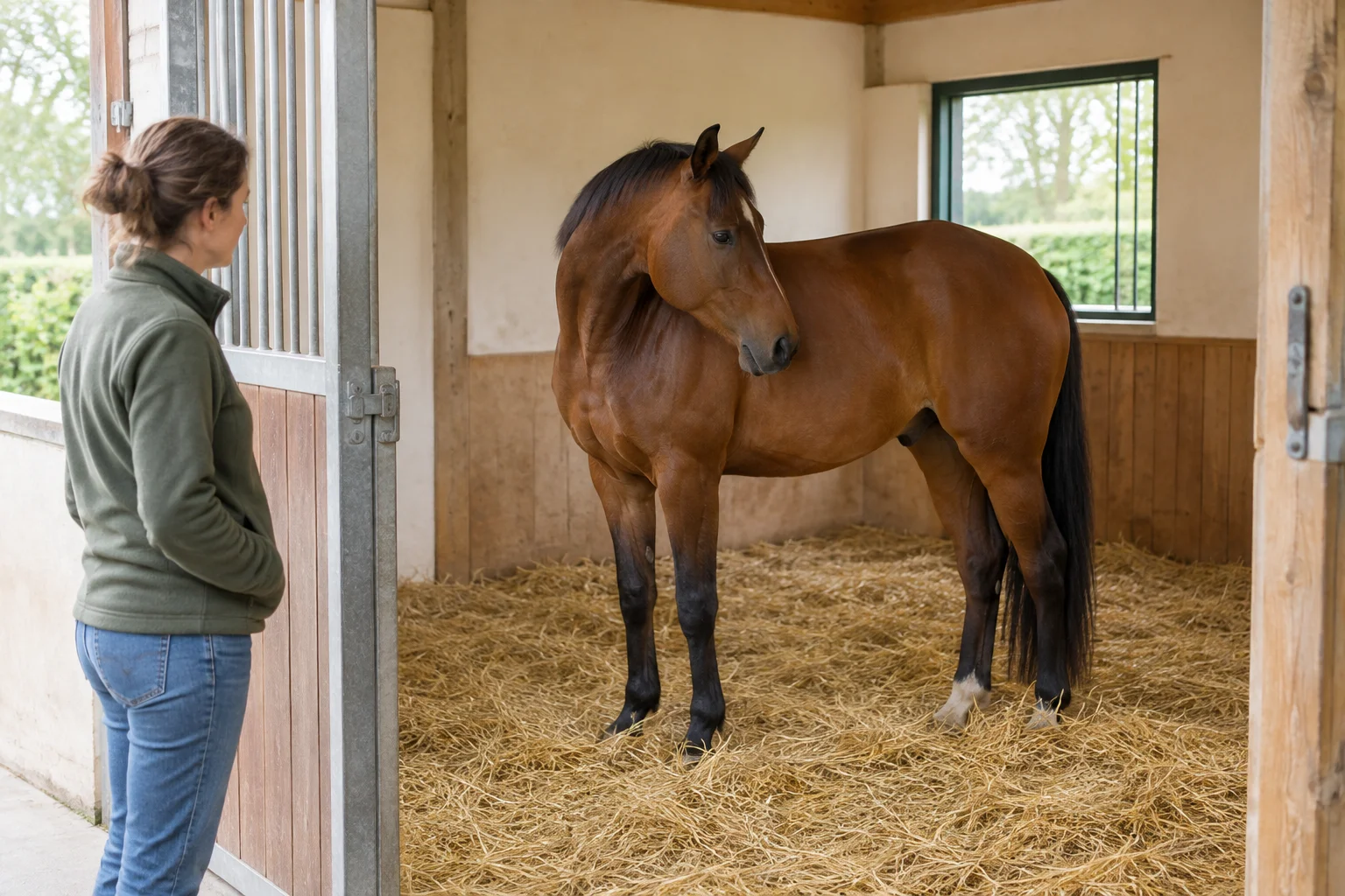 Een bruin paard staat op stro in een stal en kijkt naar zijn flank, terwijl een verzorger vanaf de deuropening toekijkt.