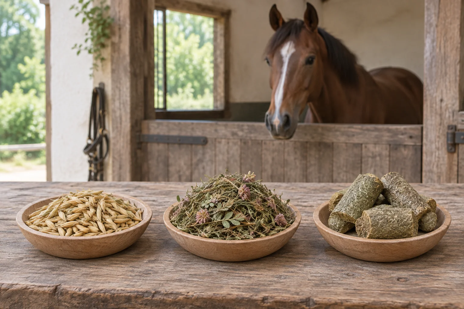 Drie houten kommen met graankorrels, gedroogde plantenstengels en samengeperste voerstukken op een houten tafel. Op de achtergrond staat een bruin paard in een stal.