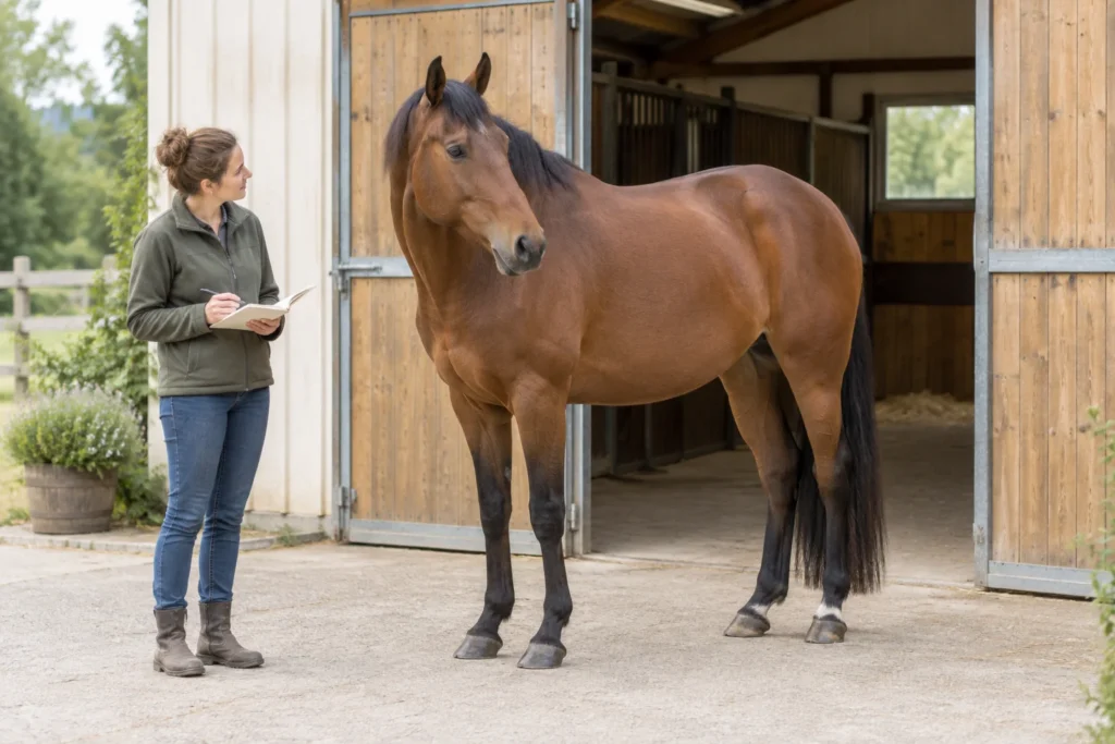 Een bruin paard staat bij een open stal terwijl een persoon met een notitieboek naar het paard kijkt.