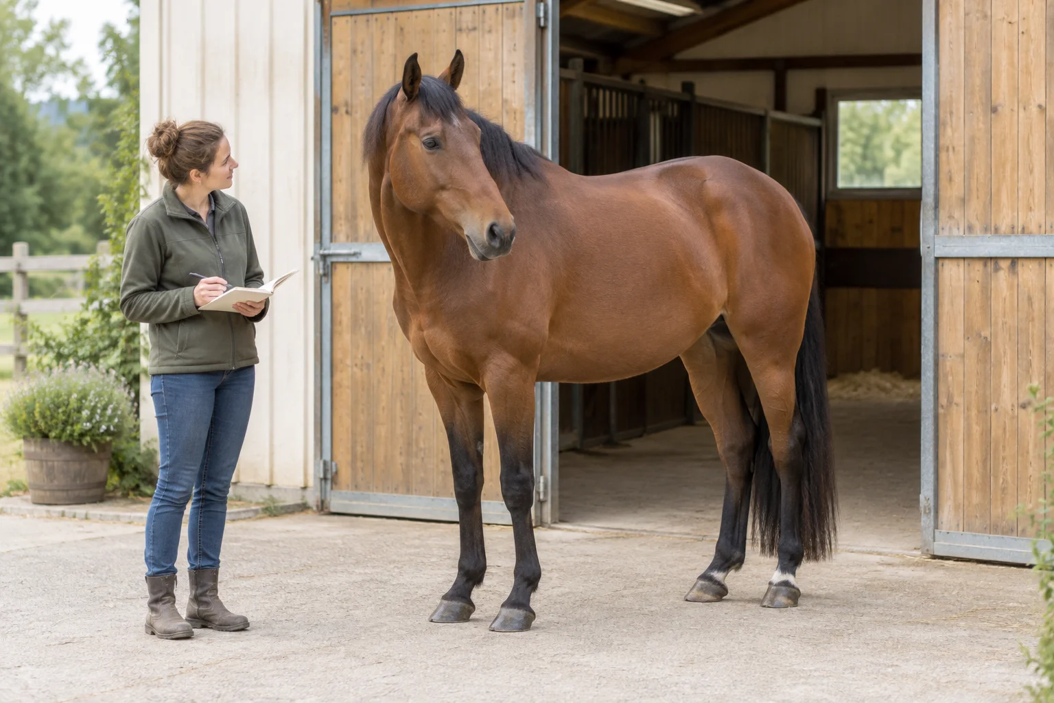 Een bruin paard staat bij een open stal terwijl een persoon met een notitieboek naar het paard kijkt.