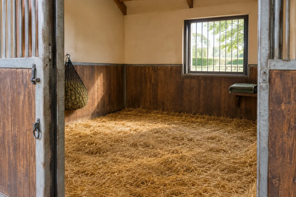Lege paardenbox met stro, een hooinet en een raam.