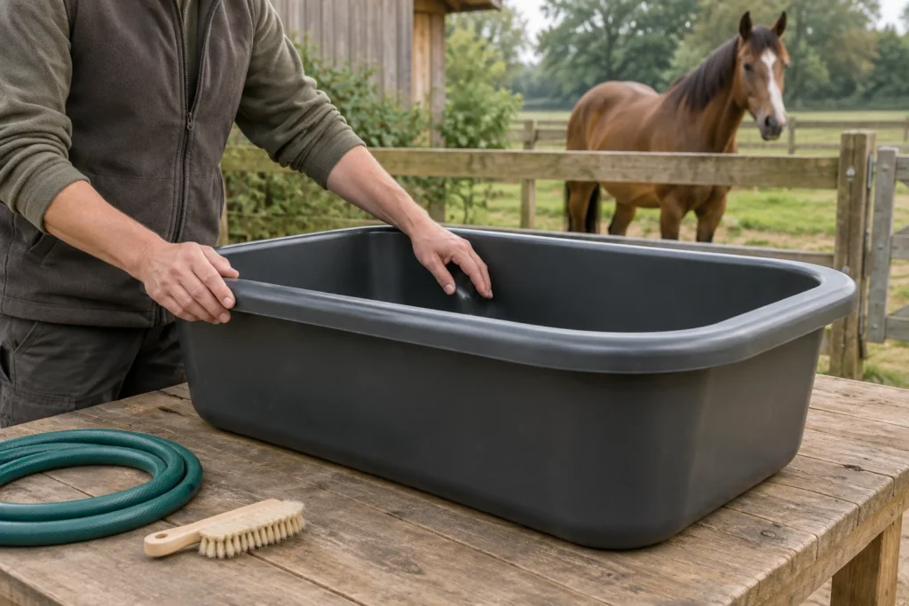 Een persoon voelt aan de rand en binnenkant van een lege donkere waterbak op een houten tafel. Ernaast liggen een tuinslang en een borstel; achter een hek staat een paard.