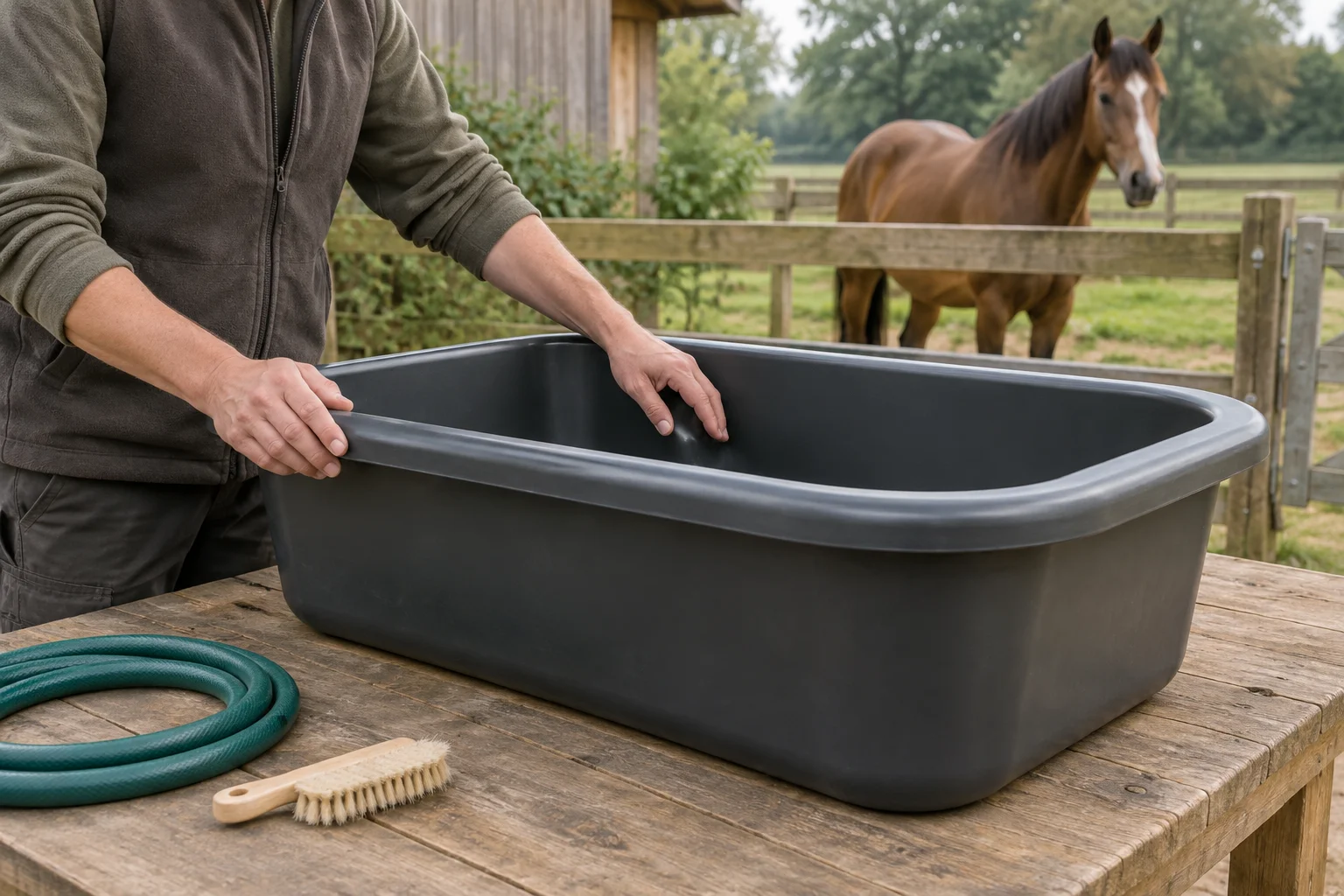 Een persoon voelt aan de rand en binnenkant van een lege donkere waterbak op een houten tafel. Ernaast liggen een tuinslang en een borstel; achter een hek staat een paard.
