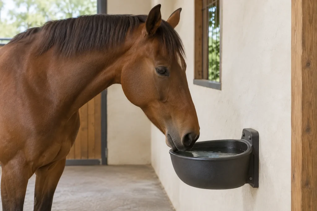 Bruin paard met de neus bij een met water gevulde drinkbak aan de stalwand.