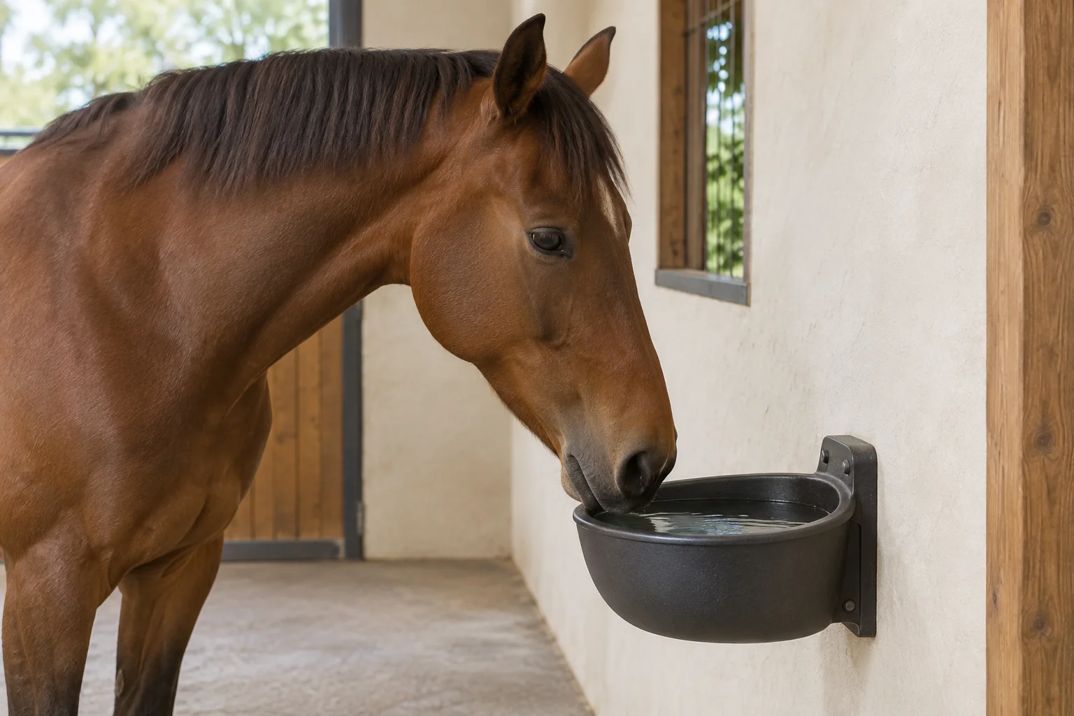 Bruin paard met de neus bij een met water gevulde drinkbak aan de stalwand.