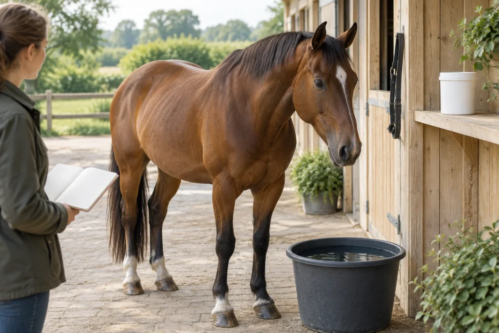 Bruin paard staat bij een emmer water terwijl een verzorger met een open notitieboek toekijkt.