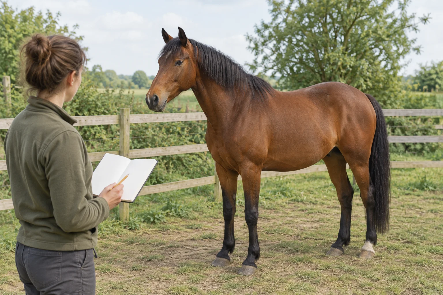 Een bruin paard staat in een omheinde paddock terwijl iemand met een leeg notitieboek naar het paard kijkt.