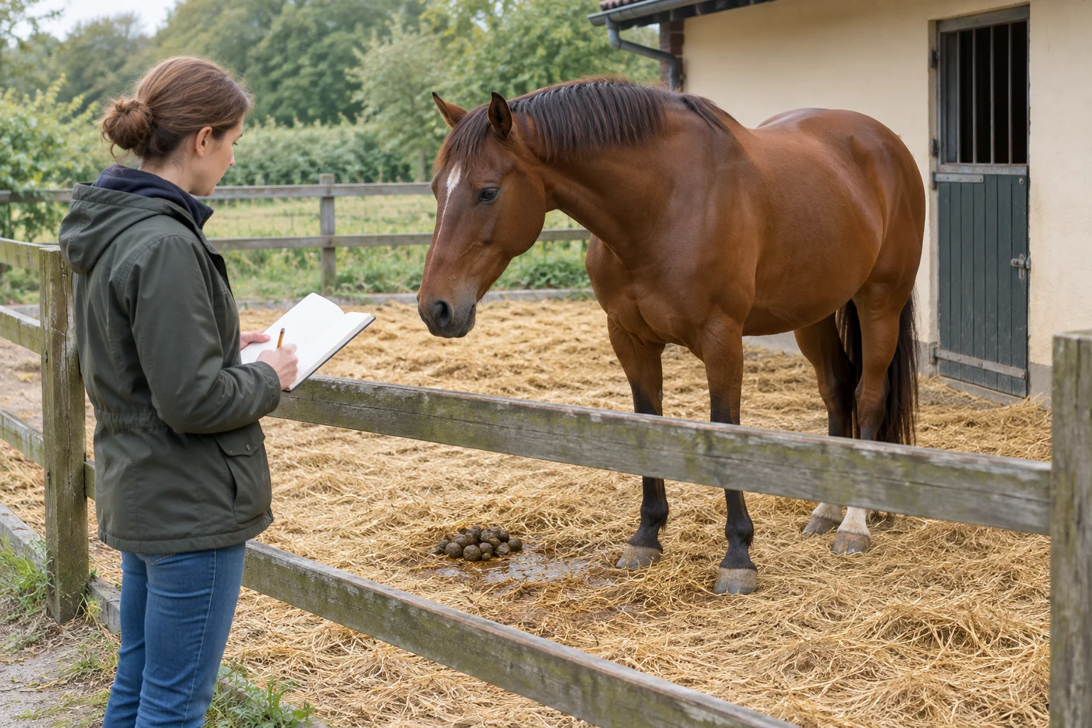 Een bruin paard staat bij een houten omheining. Een vrouw houdt een open notitieboek vast; op het stro liggen mestballen naast een natte plek.