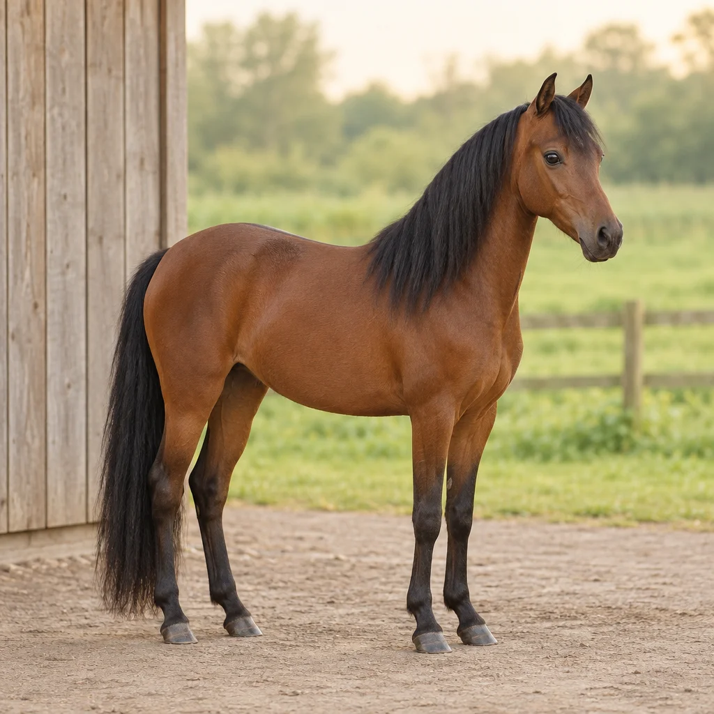 Klein bruin paard met zwarte manen en staart staat volledig in beeld naast een houten stal, met een groene weide op de achtergrond.