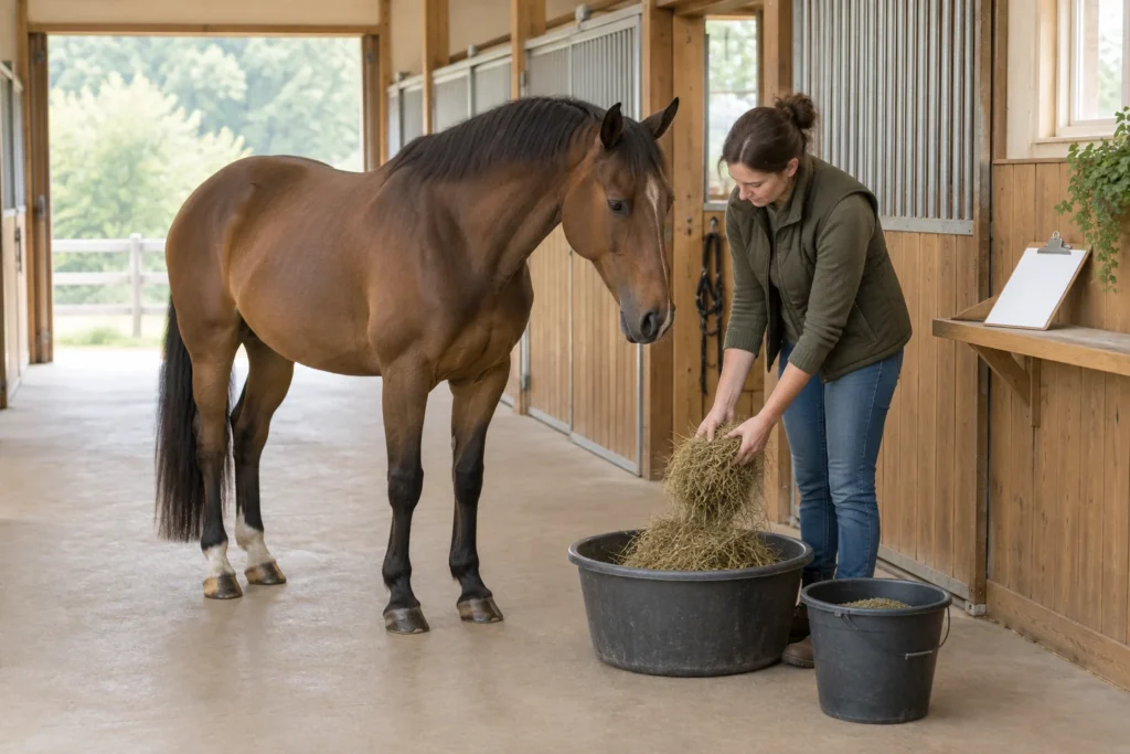 Een vrouw legt hooi in een voerbak naast een bruin paard. Er staat ook een emmer met voer en een leeg klembord.