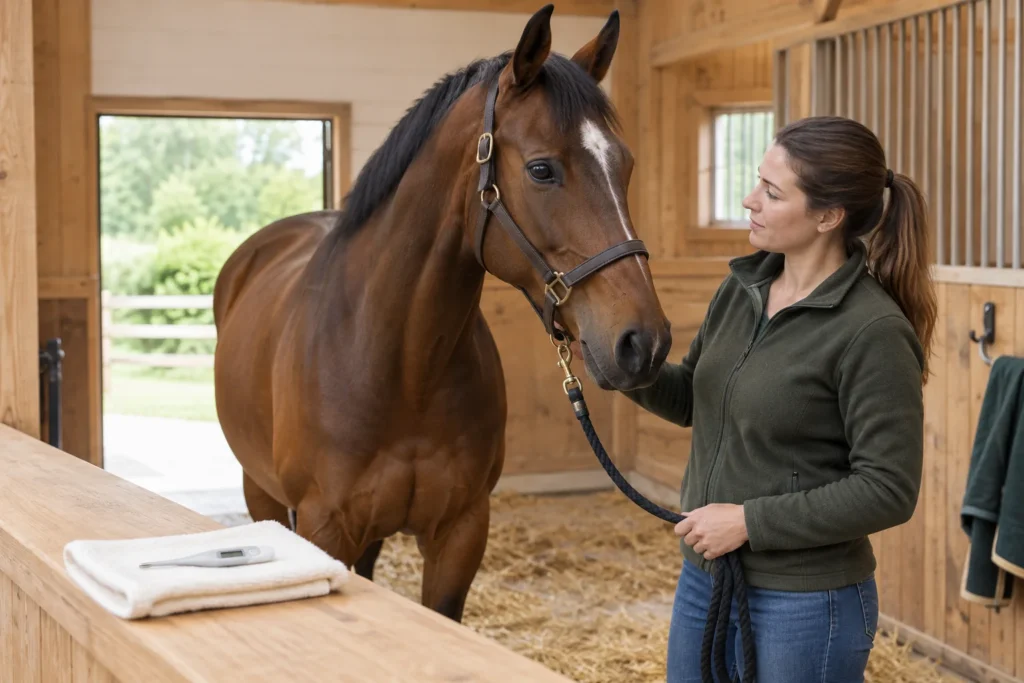 Een bruin paard staat rustig naast een verzorger in een houten stal. Op een opgevouwen doek ligt een digitale thermometer.
