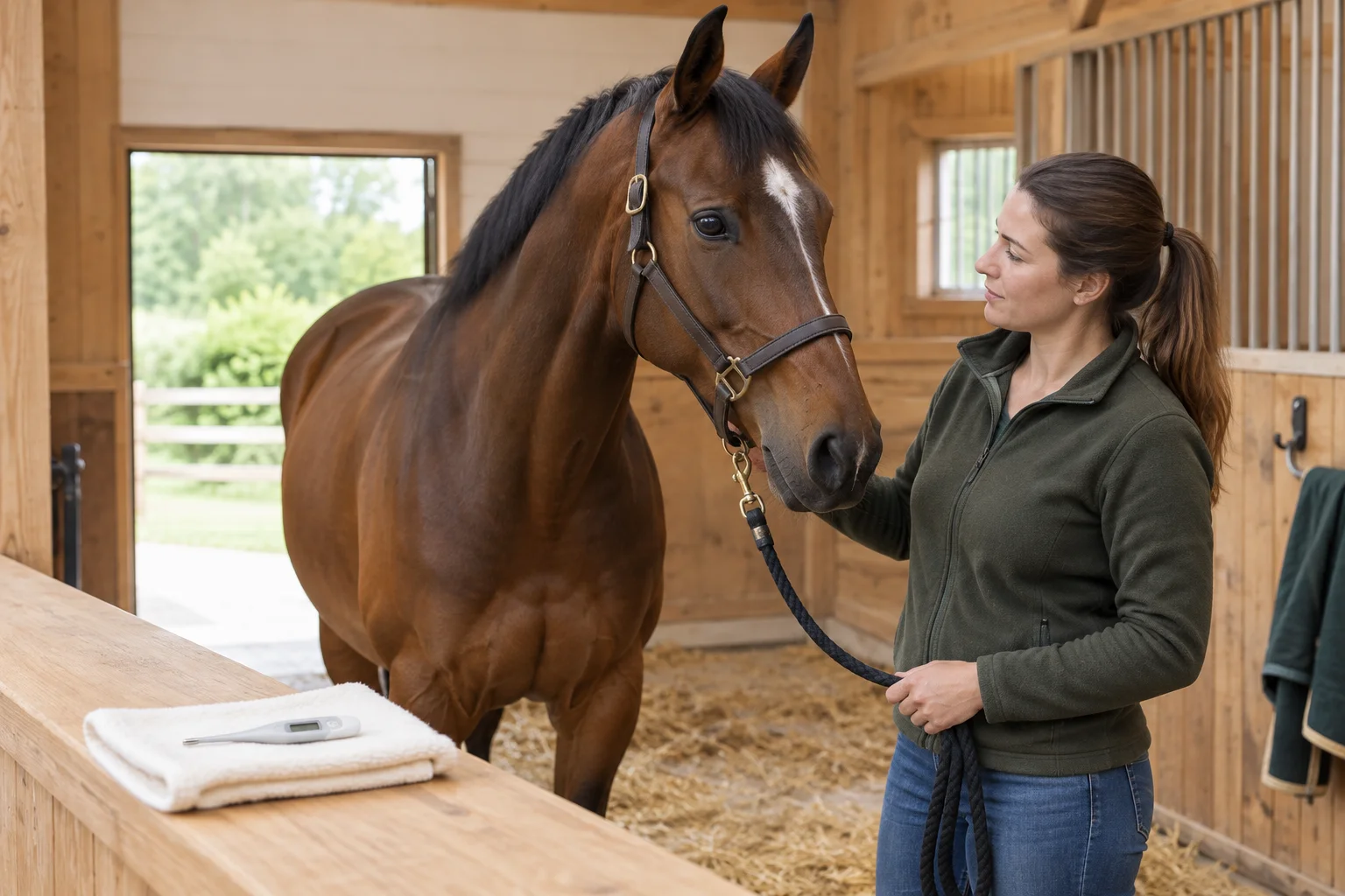 Een bruin paard staat rustig naast een verzorger in een houten stal. Op een opgevouwen doek ligt een digitale thermometer.