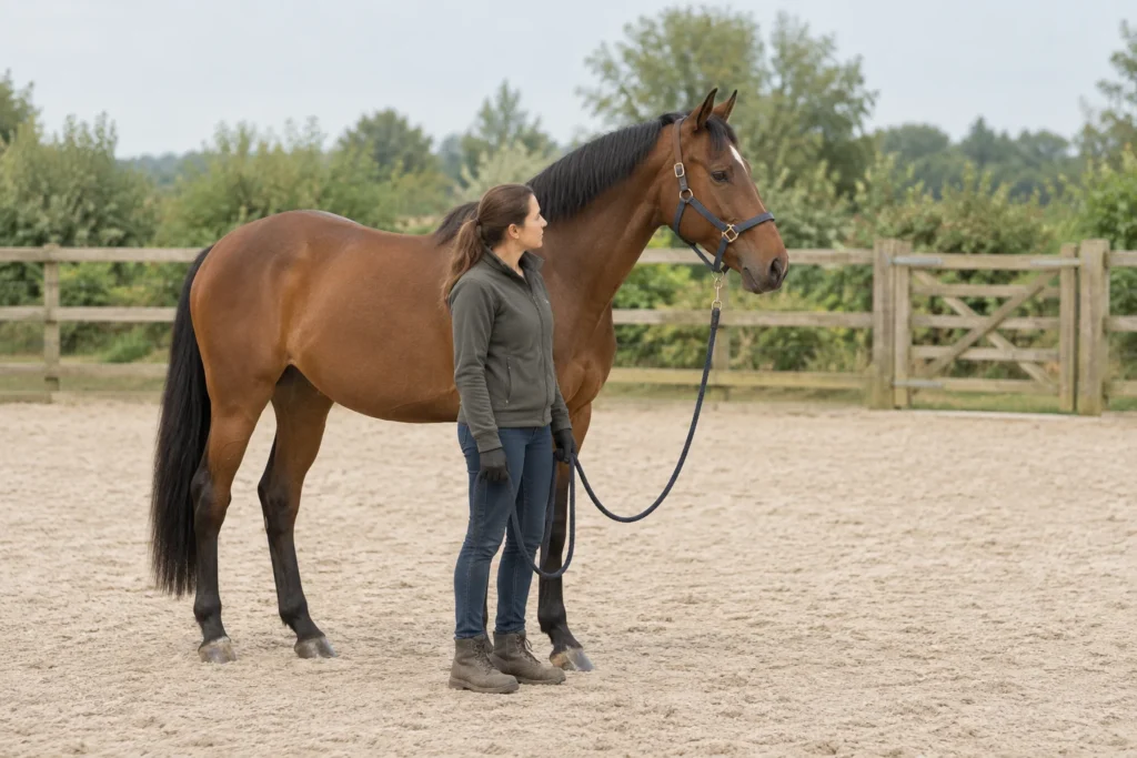Een bruin paard met halster staat naast een persoon die een los halstertouw vasthoudt, in een omheinde zandpiste.