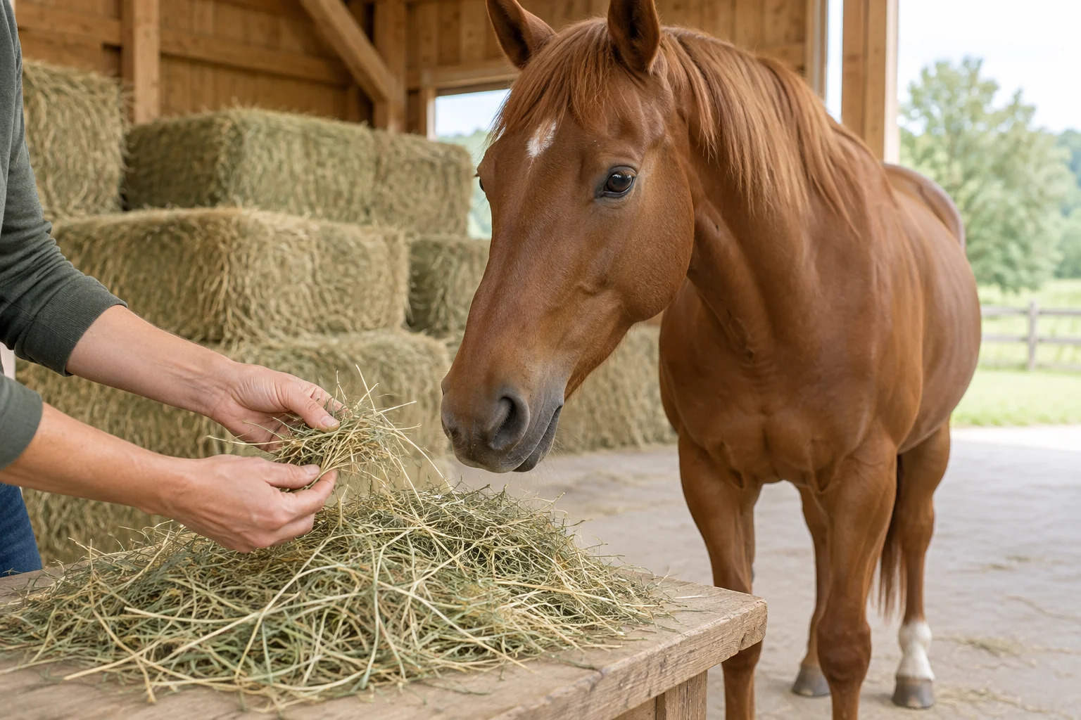 Handen houden een pluk hooi boven een houten tafel naast een bruin paard. Op de achtergrond liggen hooibalen in een schuur.