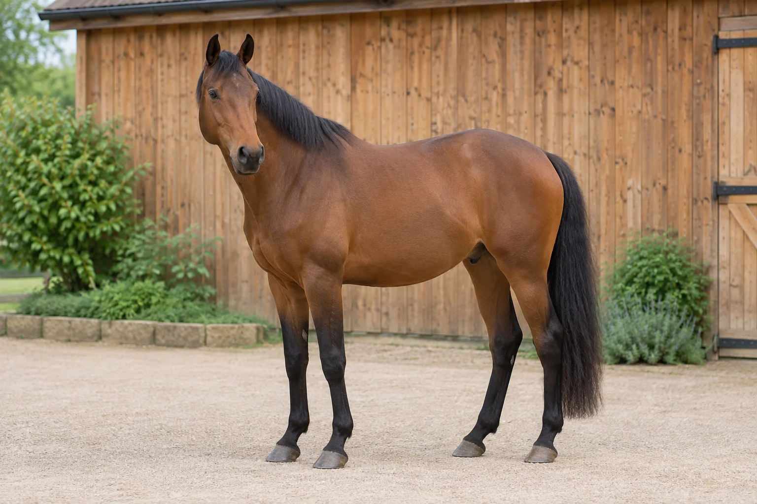Illustratie van een bruin paard dat voor een houten stal staat.