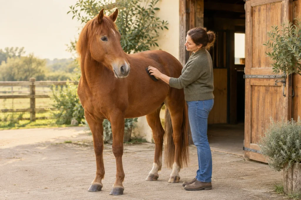 Een kastanjebruin paard staat bij een houten stal terwijl een vrouw zijn schouder borstelt.