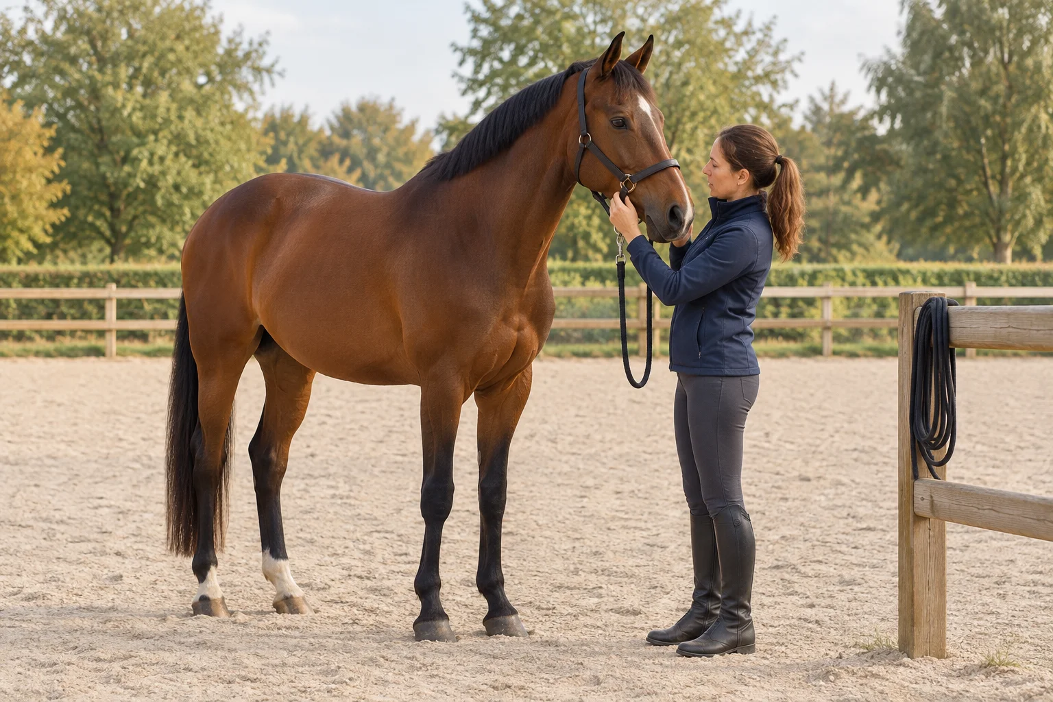 Een vrouw controleert het halster van een bruin paard in een omheinde rijbaan. Een opgerolde longeerlijn hangt over het hek.